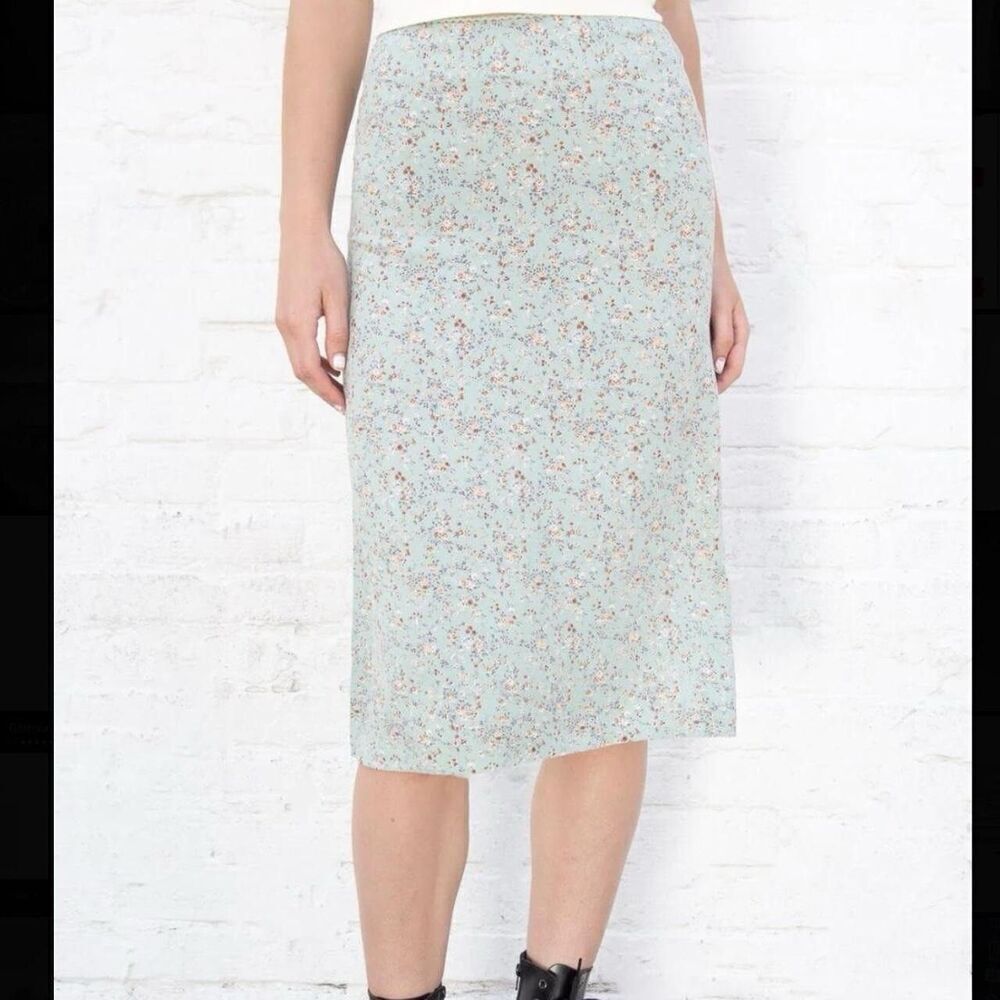 Brandy Melville Phoebe Midi Skirt Ditsy Floral Thigh Slit Teal Mint Coquette S